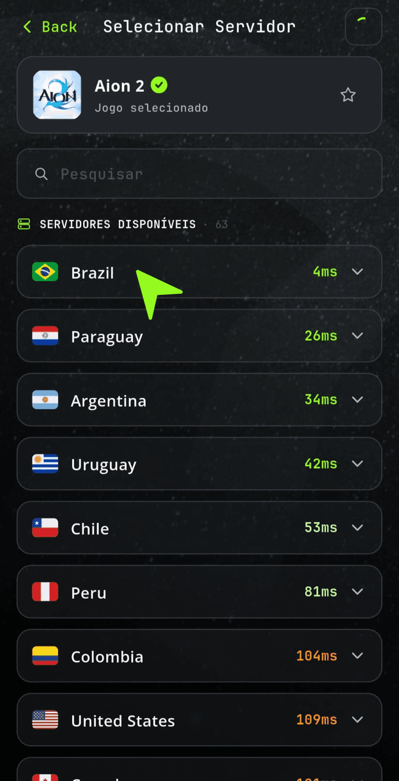 Escolha a região do servidor