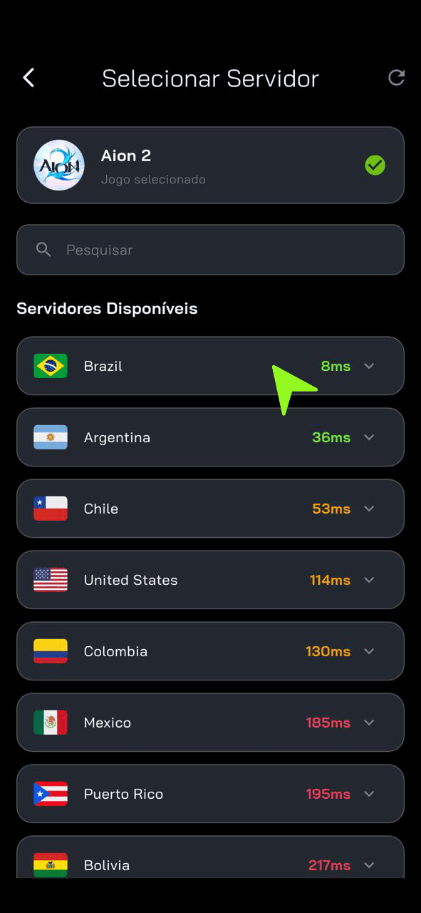 Escolha a região do servidor