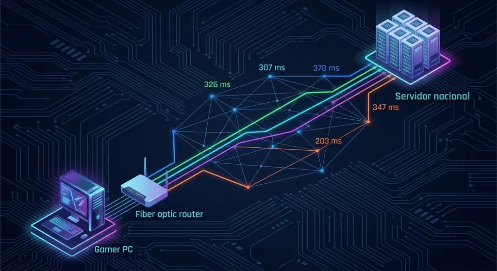Diagrama do NoPing resolvendo ping alto Valorant Vivo com 5 rotas paralelas e IA escolhendo a mais rápida em tempo real.