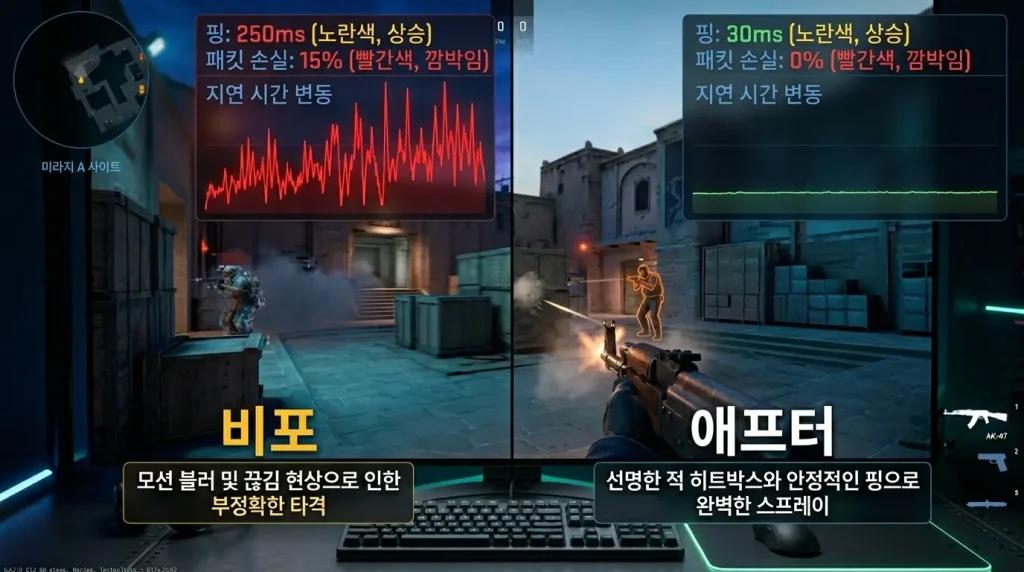 차이점은 바로 고통스러운 부분에 있습니다. 미드 라인에서의 긴 피킹, 카운터 스트레이핑의 히트 판정, 그리고 안티 에코 전략에서의 FPS에서 차이가 납니다.