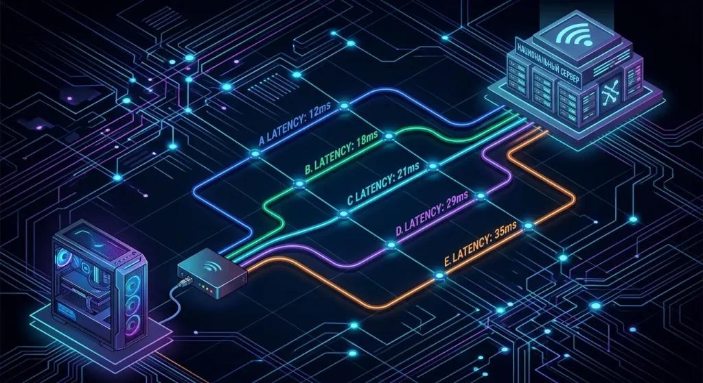 مخطط NoPing لحل مشكلة زمن الاستجابة العالي باستخدام 5 مسارات متوازية، حيث يختار الذكاء الاصطناعي المسار الأسرع في الوقت الفعلي.