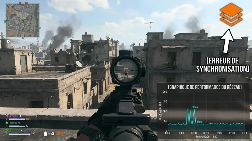 Graphique de gigue dans Warzone Resurgence Urzikstan et icône d'éclatement de paquets orange, une cause fréquente de retour en arrière.