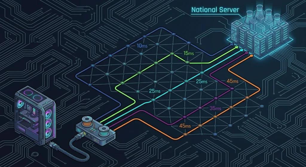 NoPingが5つの並列ルートで高ping問題を解決し、AIがリアルタイムで最速のルートを選択する様子を示す図。