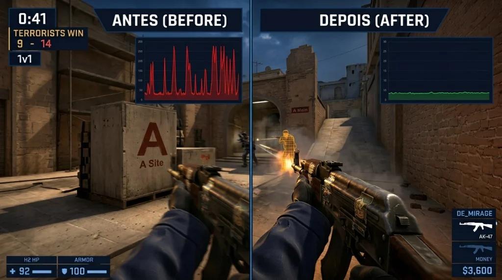 A diferença é exatamente onde dói: no peek longo da Mid, na hit reg do counter-strafe e no FPS do anti-eco.