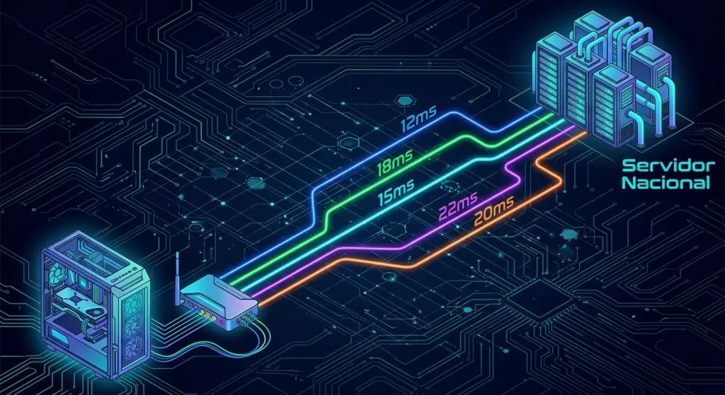 Diagrama de NoPing resolviendo el ping alto en Valorant Vivo con 5 rutas paralelas y la IA eligiendo la más rápida en tiempo real.