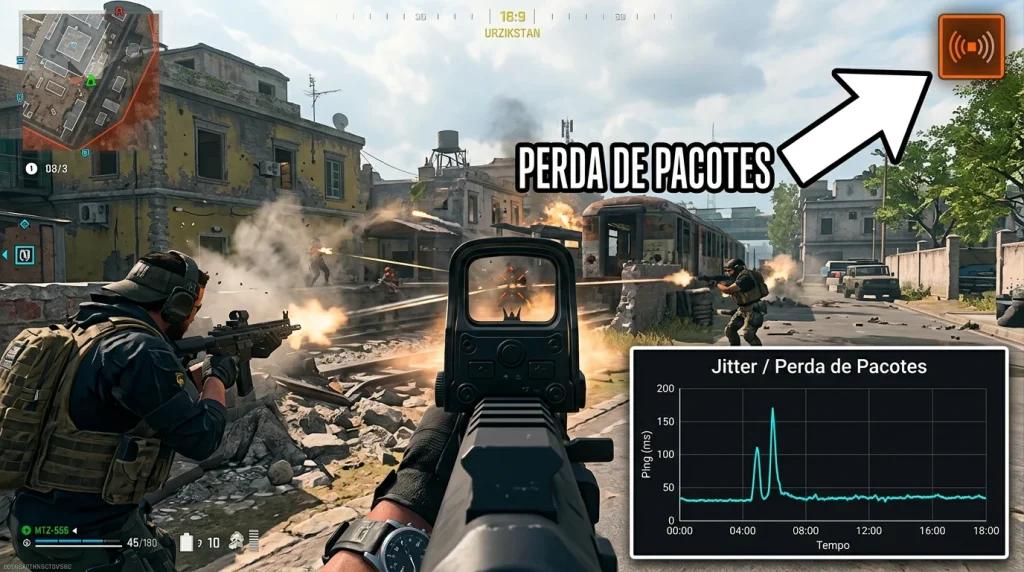 Gráfico de jitter no Warzone Resurgence Urzikstan e ícone laranja de packet burst, causa comum do rollback