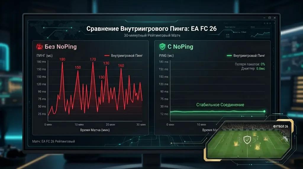 Пример сравнения пинга на EA FC 26 с NoPing и без него: стабильная зеленая линия на 12 мс против красных пиков до 180 мс на стандартном маршруте в часы пик.