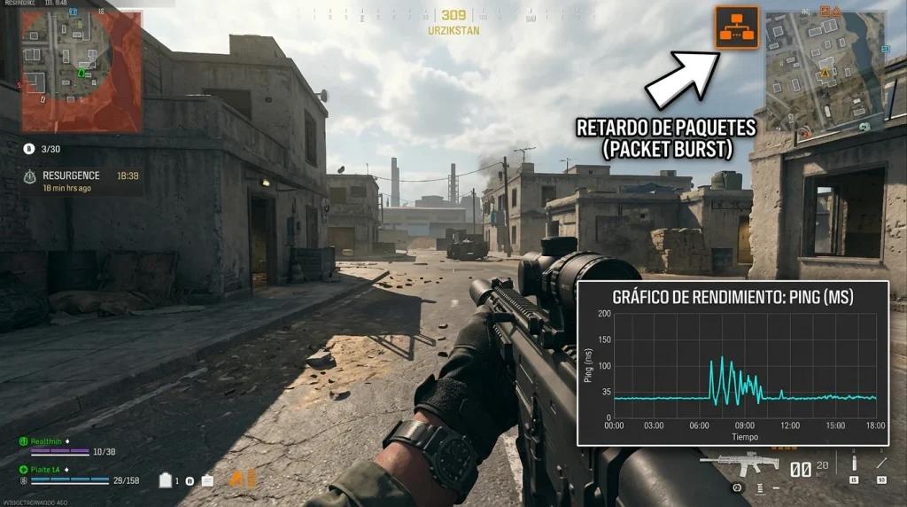 Gráfico de fluctuación en Warzone Resurgence Urzikstan e icono de ráfaga de paquetes naranja, una causa común de retroceso.