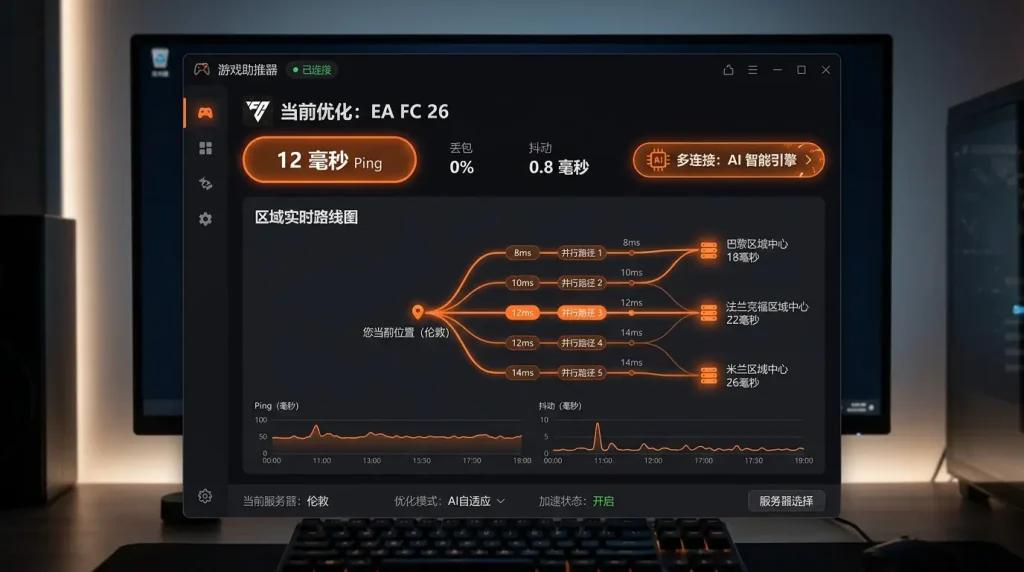 NoPing 中的多连接处于活动状态,可将 EA 区域中服务器的 ping 时间减少至 12 毫秒。