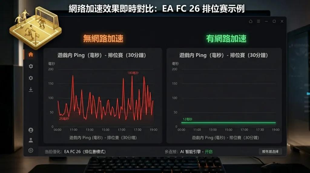EA FC 26 上带 NoPing 和不带 NoPing 的 ping 比较示例:高峰时段标准路线上 12 毫秒的稳定绿线与长达 180 毫秒的红色峰值。