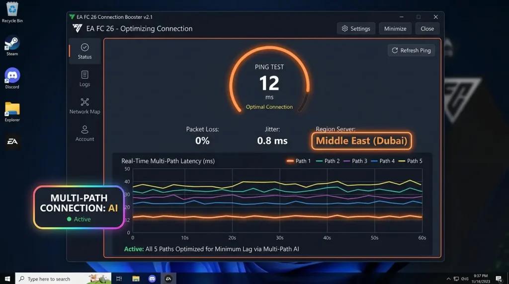 اتصال متعدد نشط في NoPing مما يقلل من اختبار الاتصال إلى 12 مللي ثانية للخادم في منطقة EA الخاصة بك.