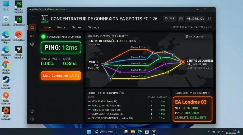 Multi Connection active dans NoPing réduisant le ping à 12 ms vers le serveur de votre région EA.