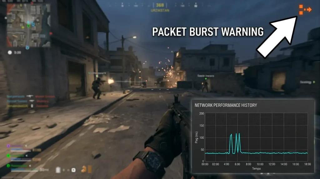 Jitter graph in Warzone Resurgence Urzikstan and orange packet burst icon, a common cause of rollback.